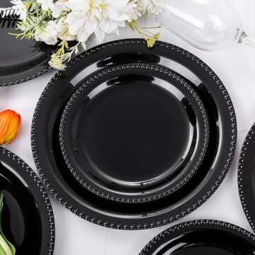 WELLIFE 60 PCS New Year Black Plastic Plates, Heavy Duty Black Disposable Plates Including 30PCS 10.25'' Black Dinner Plates & 30PCS 7.5'' Black Dessert Plates -Black Disposable Plates for Party