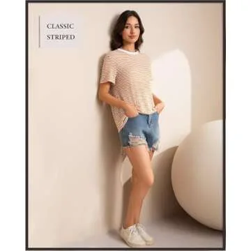 Sialois 2025 Women's Y2K Casual Striped Pattern Spring Summer Tops Crew Round Neck Short Sleeve Shirts Clothes Going Out Basic Tee Fasihon Trendy Outfits,White Brown,Small Size