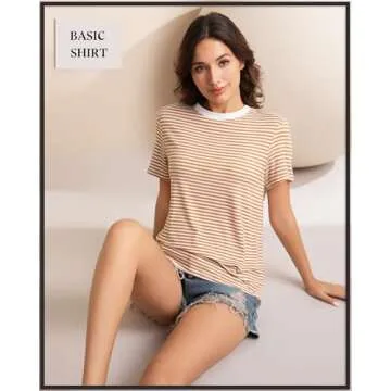 Sialois 2025 Women's Y2K Casual Striped Pattern Spring Summer Tops Crew Round Neck Short Sleeve Shirts Clothes Going Out Basic Tee Fasihon Trendy Outfits,White Brown,Small Size