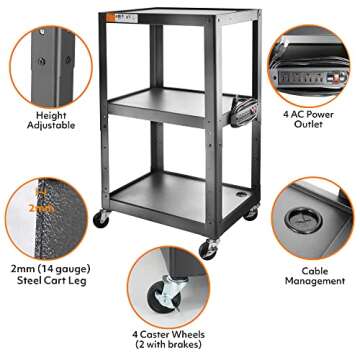 3 Shelf Metal Utility cart - Steel Construction Mobile Presentation Cart Projection Cart with Power ...
