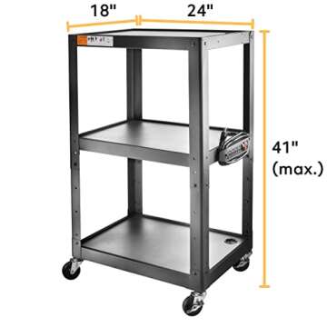 3 Shelf Metal Utility cart - Steel Construction Mobile Presentation Cart Projection Cart with Power Strip - Durable Utility Cart AV Carts on Wheels - Supports Up to 300 LBs (24'' x 18'' x 41'') Black