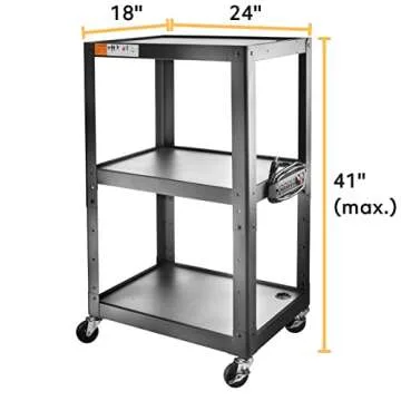 3 Shelf Metal Utility cart - Steel Construction Mobile Presentation Cart Projection Cart with Power Strip - Durable Utility Cart AV Carts on Wheels - Supports Up to 300 LBs (24'' x 18'' x 41'') Black