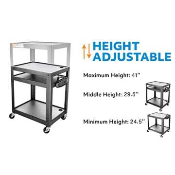 3 Shelf Metal Utility cart - Steel Construction Mobile Presentation Cart Projection Cart with Power Strip - Durable Utility Cart AV Carts on Wheels - Supports Up to 300 LBs (24'' x 18'' x 41'') Black