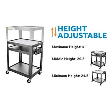 3 Shelf Metal Utility cart - Steel Construction Mobile Presentation Cart Projection Cart with Power Strip - Durable Utility Cart AV Carts on Wheels - Supports Up to 300 LBs (24'' x 18'' x 41'') Black