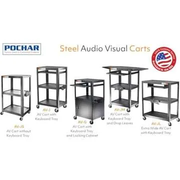 3 Shelf Metal Utility cart - Steel Construction Mobile Presentation Cart Projection Cart with Power Strip - Durable Utility Cart AV Carts on Wheels - Supports Up to 300 LBs (24'' x 18'' x 41'') Black