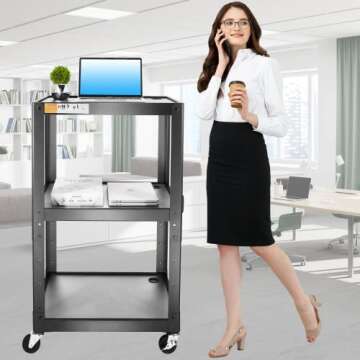 3 Shelf Metal Utility cart - Steel Construction Mobile Presentation Cart Projection Cart with Power Strip - Durable Utility Cart AV Carts on Wheels - Supports Up to 300 LBs (24'' x 18'' x 41'') Black