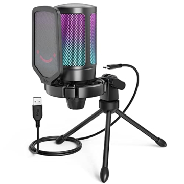 FIFINE Gaming USB Microphone for PC PS5, Condenser Mic with Quick Mute, RGB Indicator, Tripod Stand,...