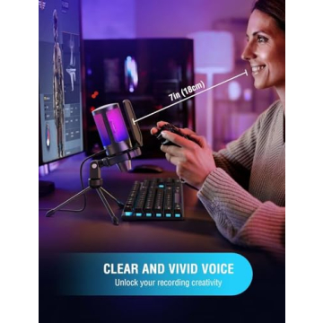 FIFINE Gaming USB Microphone for PC PS5, Condenser Mic with Quick Mute, RGB Indicator, Tripod Stand, Pop Filter, Shock Mount, Gain Control for Streaming Discord Twitch Podcasts Videos- AmpliGame