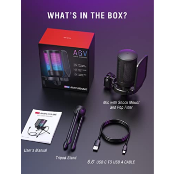 FIFINE Gaming USB Microphone for PC PS5, Condenser Mic with Quick Mute, RGB Indicator, Tripod Stand, Pop Filter, Shock Mount, Gain Control for Streaming Discord Twitch Podcasts Videos- AmpliGame