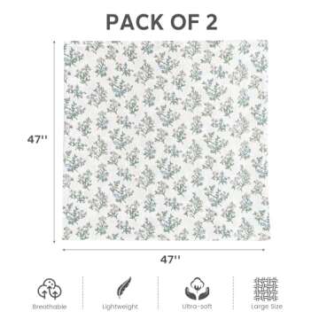 SERAPHY Muslin Swaddle Blankets Baby, 100% Cotton Muslin Baby Blanket for Newborn Boys Girls, Soft Breathable Receiving Blanket Large 47x47 inches, 2 Pack(Blue+Floral)