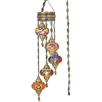 DEMMEX - 5-Large 7'' Globes Turkish Moroccan Mosaic Plug-in Chandelier - Colorful Bohemian Pendant Light with 15-ft Cord&Chain, Exotic Swag Ceiling Lamp for Living Room, Bedroom, Dining Room, 4ft Drop