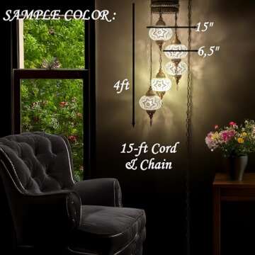 DEMMEX - 5-Large 7'' Globes Turkish Moroccan Mosaic Plug-in Chandelier - Colorful Bohemian Pendant Light with 15-ft Cord&Chain, Exotic Swag Ceiling Lamp for Living Room, Bedroom, Dining Room, 4ft Drop