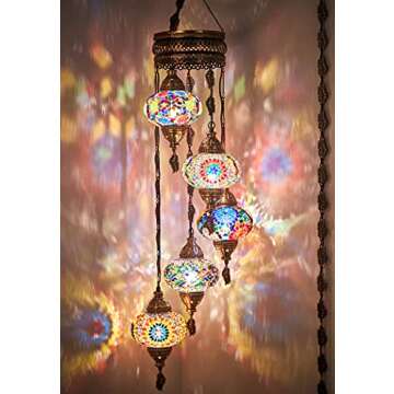 DEMMEX - 5-Large 7'' Globes Turkish Moroccan Mosaic Plug-in Chandelier - Colorful Bohemian Pendant Light with 15-ft Cord&Chain, Exotic Swag Ceiling Lamp for Living Room, Bedroom, Dining Room, 4ft Drop