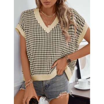 Dokotoo Womens Fashion Casual Summer Tops V Neck Short Sleeve Plaid Knit Pullover