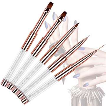 Ycyan 5Pcs Nail Art Brush Set Rhinestone Handle Gel Polish Nail Art Design Brushes with UV Gel Nail Brush, Nail Art Liner Brush, Nail Drawing Brush for Salon and Home DIY Manicure Rose Gold