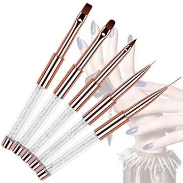 Ycyan 5Pcs Nail Art Brush Set Rhinestone Handle Gel Polish Nail Art Design Brushes with UV Gel Nail Brush, Nail Art Liner Brush, Nail Drawing Brush for Salon and Home DIY Manicure Rose Gold