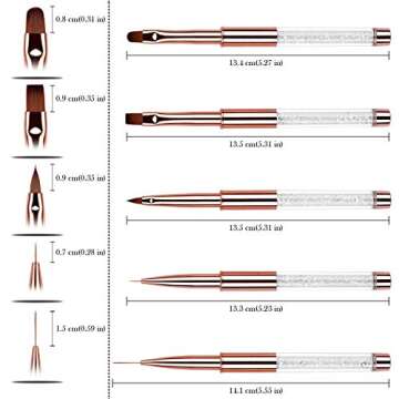 Ycyan 5Pcs Nail Art Brush Set Rhinestone Handle Gel Polish Nail Art Design Brushes with UV Gel Nail Brush, Nail Art Liner Brush, Nail Drawing Brush for Salon and Home DIY Manicure Rose Gold