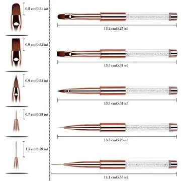 Ycyan 5Pcs Nail Art Brush Set Rhinestone Handle Gel Polish Nail Art Design Brushes with UV Gel Nail Brush, Nail Art Liner Brush, Nail Drawing Brush for Salon and Home DIY Manicure Rose Gold