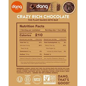 Dang Keto Bar | Crazy Rich Chocolate | 12 Pack | Keto Certified, Vegan, Low Carb, Low Sugar, Plant Based, Non GMO, Gluten Free Snacks | 4g Net Carbs, 9g Protein, No Added Sugars
