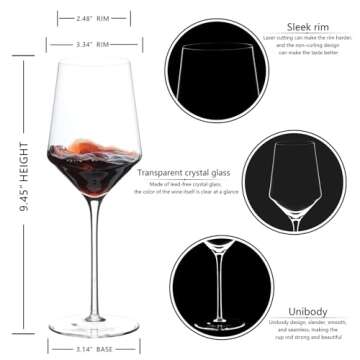 BACLIFE Hand Blown Red Wine Glasses Set of 4 – 15 oz Premium Crystal Wine Glasses With Long Stem – Unique Wedding Gift, Daily Use