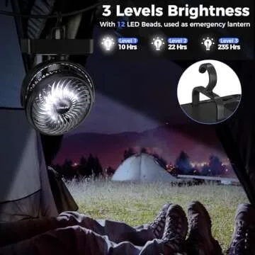 Camping Fan with LED Lantern - Rechargeable Battery Operated Fan, 35H Run Time Max, 3 Speeds, Portable Desk Fan With Hook for Tent Car RV Outdoor Emergency Outage Hurricane