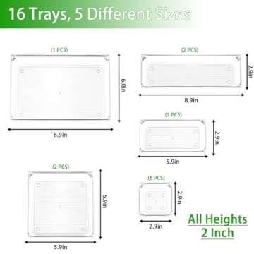 Cq acrylic 16-Piece Clear Plastic Drawer Organizer Tray for Makeup, Kitchen Utensils, Jewelries and Gadgets,5 Sizes Plastic Vanity Drawer Organizers and Storage Bins Clear
