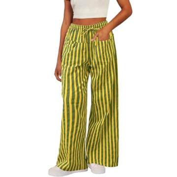 Acelitt Womens Casual Striped Color Block Pants Drawstring Elastic Waist 2024 Winter Fashion Comfy L...