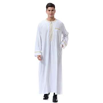 CRFASIBE Mens Thobe Muslim Clothes for Men Thobe Islamic Clothing Arabic Dress for Men Jalabiya,White(M)
