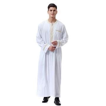 CRFASIBE Mens Thobe Muslim Clothes for Men Thobe Islamic Clothing Arabic Dress for Men Jalabiya,White(M)