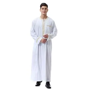 CRFASIBE Mens Thobe Muslim Clothes for Men Thobe Islamic Clothing Arabic Dress for Men Jalabiya,White(M)