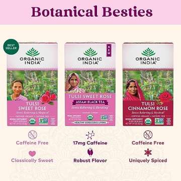 Organic India Tulsi Sweet Rose Herbal Tea - Holy Basil Leaf, African Basil, Chamomilie, Lemon Myrtle, Stress Relieving, Immune Support, USDA Certified Organic, Caffeine-Free - 18 Infusion Bags, 6 Pack