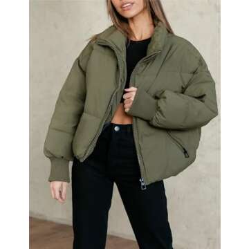 Lianlive Womens Cropped Puffer Jacket Oversized Black Short Puffy Winter Coat (Olive-M)