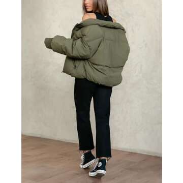 Lianlive Womens Cropped Puffer Jacket Oversized Black Short Puffy Winter Coat (Olive-M)
