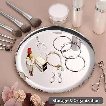 Stainless Steel Large Round Tray - Jewelry & Cosmetics Storage, Serving & Display - 11.02" Diameter, Mirror Polished Silver, Dishwasher Safe