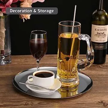 Stainless Steel Large Round Tray - Jewelry & Cosmetics Storage, Serving & Display - 11.02" Diameter, Mirror Polished Silver, Dishwasher Safe