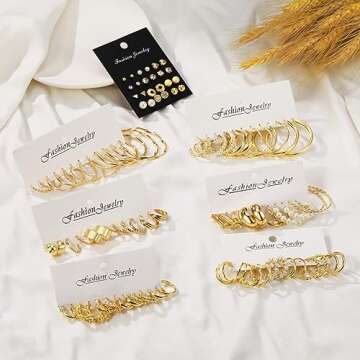 48 Pairs Gold Earrings Set for Women, Gold Jewelry Pearl Earrings, Trendy Chunky Hoop Big Earrings Pack, Hypoallergenic Multipack Twisted Statement Earring, Flat Back Earrings Small Hoops