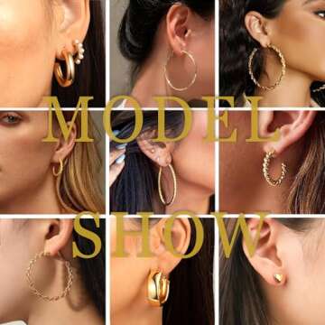 48 Pairs Gold Earrings Set for Women, Gold Jewelry Pearl Earrings, Trendy Chunky Hoop Big Earrings Pack, Hypoallergenic Multipack Twisted Statement Earring, Flat Back Earrings Small Hoops