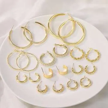 48 Pairs Gold Earrings Set for Women, Gold Jewelry Pearl Earrings, Trendy Chunky Hoop Big Earrings Pack, Hypoallergenic Multipack Twisted Statement Earring, Flat Back Earrings Small Hoops