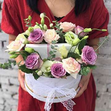 Vintage Round Flower Paper Box with Lid Marble Floral Arrangement Set/3 (S/M/L) (White)