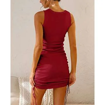 BTFBM Women Sleeveless Bodycon Ruched Short Dress Side Drawstring Solid Crew Neck Casual Summer Tank Shirt Mini Dresses (Bright Red, s)