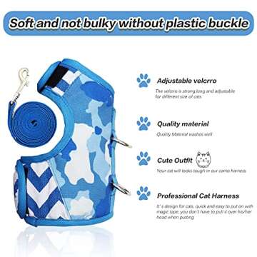 Yizhi Miaow Cat Harness and Leash for Walking Escape Proof, Adjustable Cat Vest Harness, Padded Stylish Cat Walking Jackets, Blue Camo, X-Small