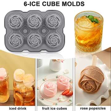 Ice Cube Tray, Mikiwon 2 inch Rose Ice Cube Trays With Covers, 6 Cavity Silicone Rose Ice Ball Maker, Easy Release Large Ice Cube Form for Chilled Cocktails, Whiskey, Bourbon & Homemade Juice
