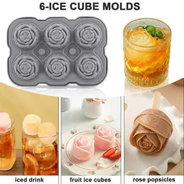 Ice Cube Tray, Mikiwon 2 inch Rose Ice Cube Trays With Covers, 6 Cavity Silicone Rose Ice Ball Maker, Easy Release Large Ice Cube Form for Chilled Cocktails, Whiskey, Bourbon & Homemade Juice