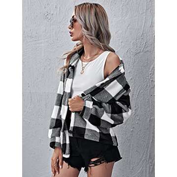 SOLY HUX Women's Plaid Flannel Shacket Jacket Long Sleeve Button Down Casual Fall Coats Shirt Black and White M