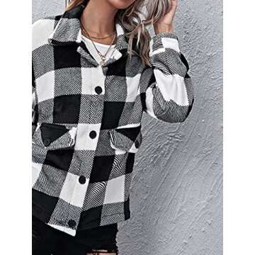 SOLY HUX Women's Plaid Flannel Shacket Jacket Long Sleeve Button Down Casual Fall Coats Shirt Black and White M