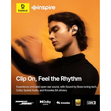 Baseus Inspire XC1 Open Ear Clip-On Earbuds with Bose Sound, 40H Playtime