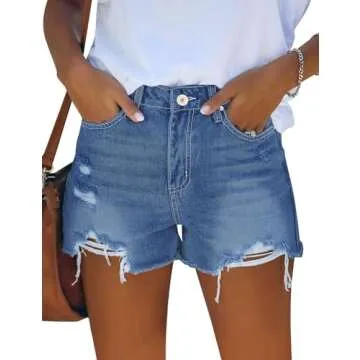 GRAPENT Women's Casual High Waisted Ripped Stretchy Denim Cut Off Hot Short Summer Jean Shorts Fresh Bright Blue Color Size Small Size 4 Size 6