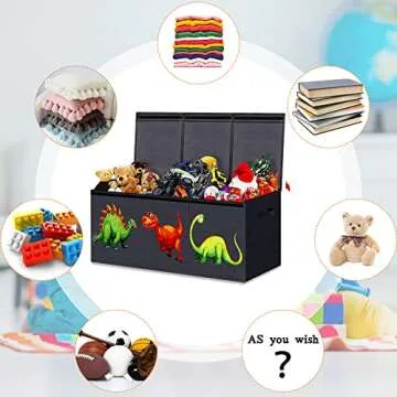 Toy Storage Chest, Collapsible Sturdy Storage Bins with Lids, Large Kids Toy Box Chest Storage Organizer for Nursery Room, Playroom, Closet, Home Organization, 40.6X16.5X14.2 Inch (Dinosaur)-Black