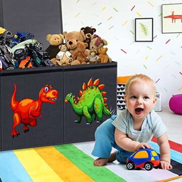 Toy Storage Chest, Collapsible Sturdy Storage Bins with Lids, Large Kids Toy Box Chest Storage Organizer for Nursery Room, Playroom, Closet, Home Organization, 40.6X16.5X14.2 Inch (Dinosaur)-Black