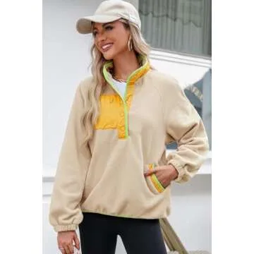 Dokotoo Womens Fuzzy Fleece Color Block Sweatshirt Jackets Quarter Button V Neck Long Sleeve Loose Casual Side Pockets Cute Soft Pullover Sweatshirts Tops Cozy Fall Winter Outwear Coat Khaki X-Large